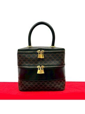 Celine Vintage Macadam Blason Pattern Leather Handbag Vanity Makeup Box Black